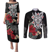 Taino Sun Tribal Couples Matching Puletasi and Long Sleeve Button Shirt Tropical Hibiscus - Wonder Print Shop