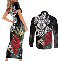 Taino Sun Tribal Couples Matching Short Sleeve Bodycon Dress and Long Sleeve Button Shirt Tropical Hibiscus - Wonder Print Shop