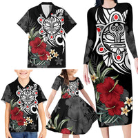 Taino Sun Tribal Family Matching Long Sleeve Bodycon Dress and Hawaiian Shirt Tropical Hibiscus - Wonder Print Shop