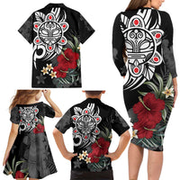 Taino Sun Tribal Family Matching Long Sleeve Bodycon Dress and Hawaiian Shirt Tropical Hibiscus - Wonder Print Shop