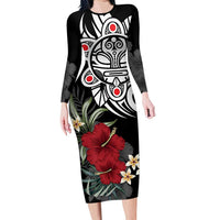 Taino Sun Tribal Family Matching Long Sleeve Bodycon Dress and Hawaiian Shirt Tropical Hibiscus - Wonder Print Shop