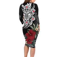 Taino Sun Tribal Family Matching Long Sleeve Bodycon Dress and Hawaiian Shirt Tropical Hibiscus - Wonder Print Shop