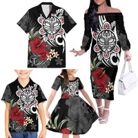 Taino Sun Tribal Family Matching Off The Shoulder Long Sleeve Dress and Hawaiian Shirt Tropical Hibiscus - Wonder Print Shop