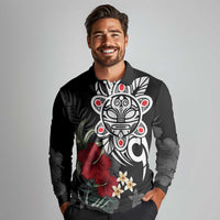 Taino Sun Tribal Long Sleeve Polo Shirt Tropical Hibiscus - Wonder Print Shop