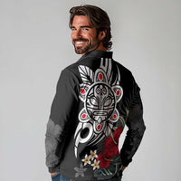 Taino Sun Tribal Long Sleeve Polo Shirt Tropical Hibiscus - Wonder Print Shop