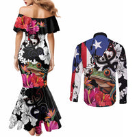 Boricua Taino Coqui Tropical Couples Matching Mermaid Dress and Long Sleeve Button Shirt Puerto Rico Grunge Flag
