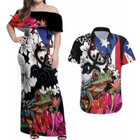 Boricua Taino Coqui Tropical Couples Matching Off Shoulder Maxi Dress and Hawaiian Shirt Puerto Rico Grunge Flag - Wonder Print Shop