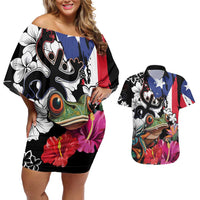 Boricua Taino Coqui Tropical Couples Matching Off Shoulder Short Dress and Hawaiian Shirt Puerto Rico Grunge Flag - Wonder Print Shop