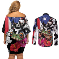 Boricua Taino Coqui Tropical Couples Matching Off Shoulder Short Dress and Long Sleeve Button Shirt Puerto Rico Grunge Flag - Wonder Print Shop