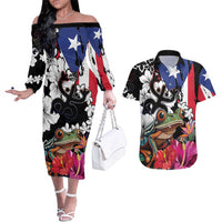 Boricua Taino Coqui Tropical Couples Matching Off The Shoulder Long Sleeve Dress and Hawaiian Shirt Puerto Rico Grunge Flag - Wonder Print Shop