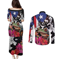 Boricua Taino Coqui Tropical Couples Matching Puletasi and Long Sleeve Button Shirt Puerto Rico Grunge Flag - Wonder Print Shop