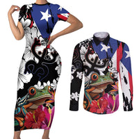 Boricua Taino Coqui Tropical Couples Matching Short Sleeve Bodycon Dress and Long Sleeve Button Shirt Puerto Rico Grunge Flag - Wonder Print Shop