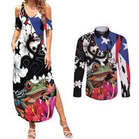 Boricua Taino Coqui Tropical Couples Matching Summer Maxi Dress and Long Sleeve Button Shirt Puerto Rico Grunge Flag - Wonder Print Shop
