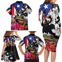 Boricua Taino Coqui Tropical Family Matching Long Sleeve Bodycon Dress and Hawaiian Shirt Puerto Rico Grunge Flag - Wonder Print Shop