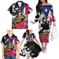 Boricua Taino Coqui Tropical Family Matching Off The Shoulder Long Sleeve Dress and Hawaiian Shirt Puerto Rico Grunge Flag - Wonder Print Shop