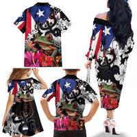 Boricua Taino Coqui Tropical Family Matching Off The Shoulder Long Sleeve Dress and Hawaiian Shirt Puerto Rico Grunge Flag - Wonder Print Shop