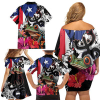 Boricua Taino Coqui Tropical Family Matching Off Shoulder Short Dress and Hawaiian Shirt Puerto Rico Grunge Flag - Wonder Print Shop