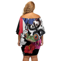 Boricua Taino Coqui Tropical Family Matching Off Shoulder Short Dress and Hawaiian Shirt Puerto Rico Grunge Flag - Wonder Print Shop