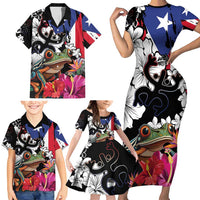 Boricua Taino Coqui Tropical Family Matching Short Sleeve Bodycon Dress and Hawaiian Shirt Puerto Rico Grunge Flag - Wonder Print Shop
