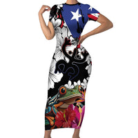 Boricua Taino Coqui Tropical Family Matching Short Sleeve Bodycon Dress and Hawaiian Shirt Puerto Rico Grunge Flag - Wonder Print Shop