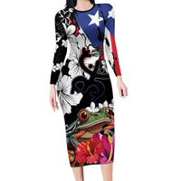 Boricua Taino Coqui Tropical Long Sleeve Bodycon Dress Puerto Rico Grunge Flag - Wonder Print Shop