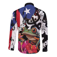 Boricua Taino Coqui Tropical Long Sleeve Button Shirt Puerto Rico Grunge Flag - Wonder Print Shop
