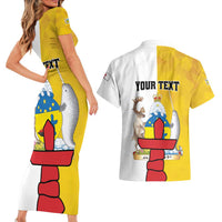 Personalized Canada Nunavut Territories Couples Matching Short Sleeve Bodycon Dress and Hawaiian Shirt Inuktitut Our Land Our Strength