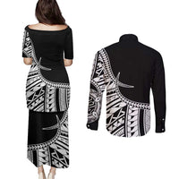 Taino Sun Traditional Tattoo Couples Matching Puletasi and Long Sleeve Button Shirt Polynesian Pattern