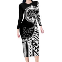 Taino Sun Traditional Tattoo Long Sleeve Bodycon Dress Polynesian Pattern