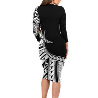 Taino Sun Traditional Tattoo Long Sleeve Bodycon Dress Polynesian Pattern