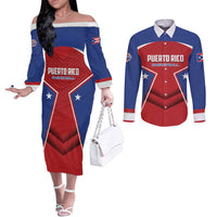 Personalized Puerto Rico Basketball Couples Matching Off The Shoulder Long Sleeve Dress and Long Sleeve Button Shirt Magnificos Go Champion