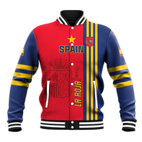 Red and navy varsity jacket with striped sleeves, snap buttons, front print 'SPAIN'