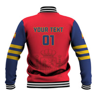 Red and navy varsity baseball jacket, striped collar and cuffs, back print with 01