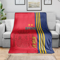 Red and navy Spain football blanket with gold striped border and 'SPAIN' text