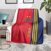 Red and navy Spain football blanket with gold stripes, 'SPAIN' logo and crest graphic