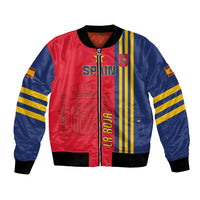 Unisex red and navy football bomber jacket, zip front, striped sleeves, ribbed cuffs