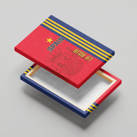 Angled view of red and blue Spain football canvas wall art with stripes and crest