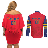 Custom Spain 2024 Football Couples Matching Off Shoulder Short Dress and Long Sleeve Button Shirt La Roja Go Champions - Wonder Print Shop