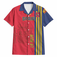 Red and navy Spain-themed Hawaiian shirt with button-up front and 'SPAIN' graphic