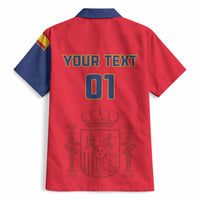 Red and navy Hawaiian shirt back with yellow 'YOUR TEXT' and large '01' print