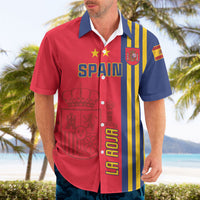 Red and navy button-up Hawaiian shirt with 'SPAIN' and vertical stripe side panel