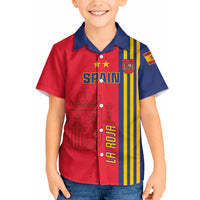 Red and navy kid Hawaiian shirt with 'SPAIN' front and vertical stripe side panel