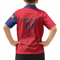 Red and navy kid Hawaiian shirt back with 'YOUR TEXT' and '01' print