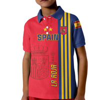 Kids football polo shirt, red with navy collar, front crest and vertical yellow stripe