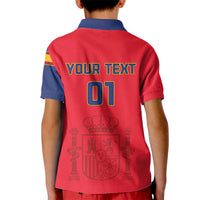 Kids football polo back, red with navy collar, 'YOUR TEXT' and 01, crest graphic
