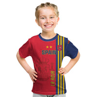 Kids red football T-shirt with navy sides, 'SPAIN' logo, crest and yellow stripe