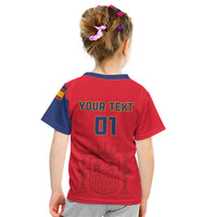 Kids red football T-shirt with navy trim, 'YOUR TEXT' and '01' on back