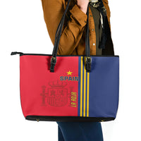 Spain football leather tote bag with red front panel, blue side panel, and yellow stripes