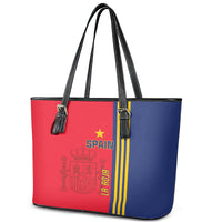 Standout Spain-themed leather tote bag with two top handles, red front, blue back