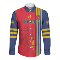 Long-sleeve button football shirt, red front with blue shoulders and crest graphic